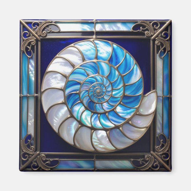 Blaue/Weiße Faux-Buntglas-Nautilus-Schnecke 2 Magnet (Vorne)