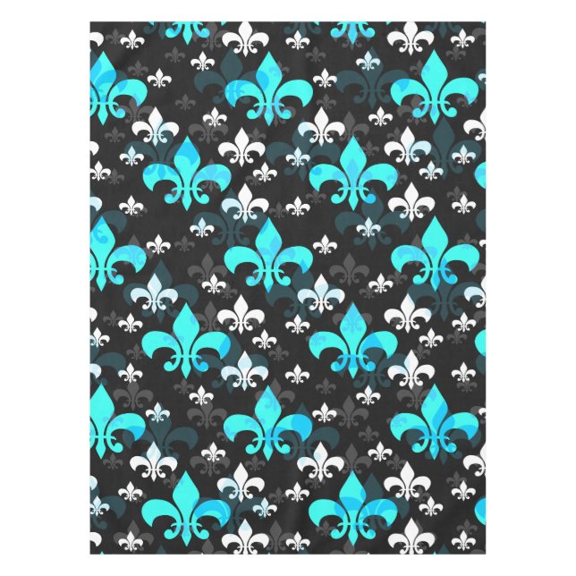 Blaue weiße Fleur de Lis Tischdecke (Vorderseite)