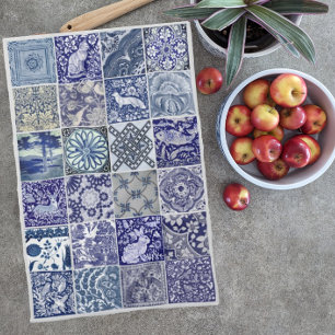 Blaue weiße Fliese Vintages modernes Muster Geschirrtuch