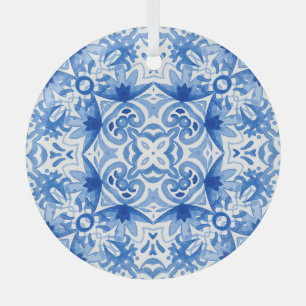 Blaue weiße Fliese, wasserfarbene nahtlose Muster. Ornament Aus Glas