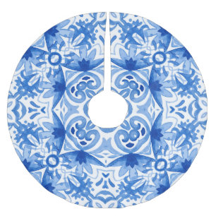 Blaue weiße Fliese, wasserfarbene nahtlose Muster. Polyester Weihnachtsbaumdecke