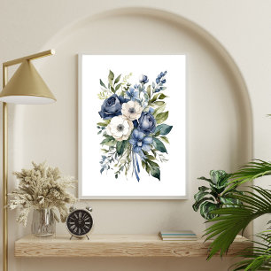 Blaue weiße florale Blumen Wasserfarbe Elegant  Poster