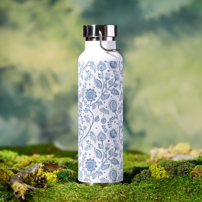 Blaue weiße florale Boho-Botanik-Muster-Laune Trinkflasche (Außenbereich (gedreht))