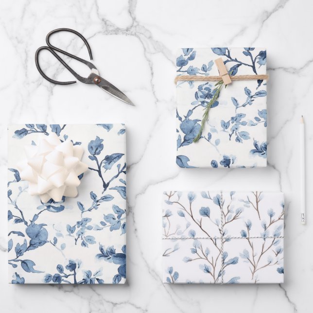 Blaue Weiße Florale Brautparty Geschenkpapier Set (Vorderseite)
