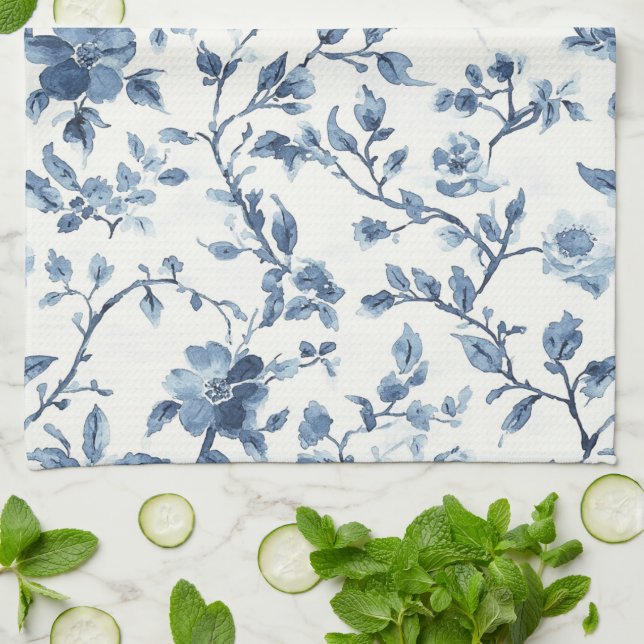 Blaue Weiße Florale Brautparty Geschirrtuch (Gefaltet)