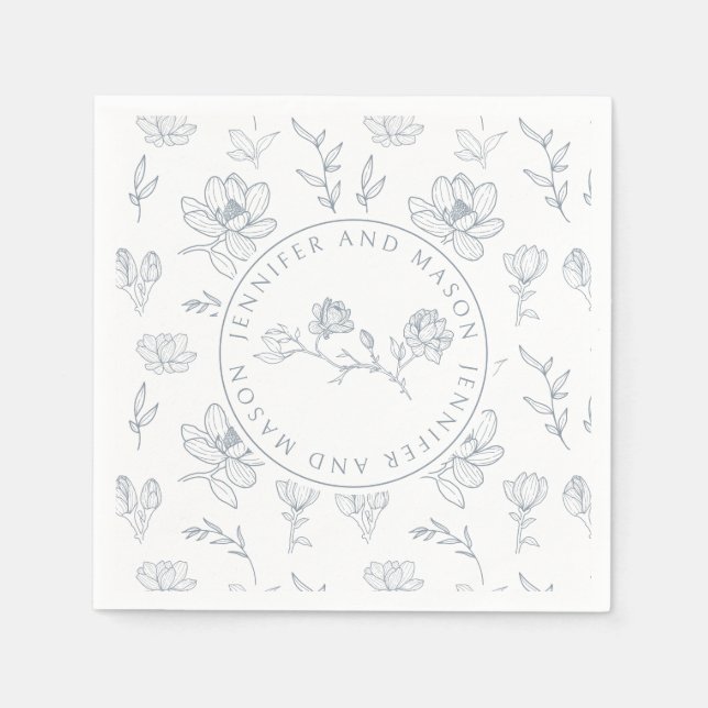 Blaue weiße, florale Monogramm Hochzeitspapierserv Serviette (Vorderseite)
