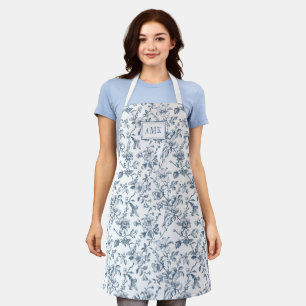 Blaue weiße französische Toile Monogramm Schürze