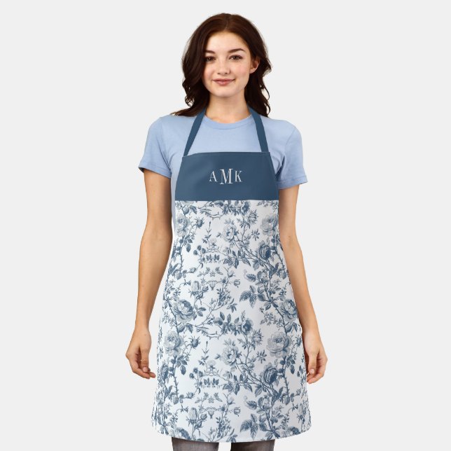 Blaue weiße französische Toile Monogramm-Schürze Schürze (Getragen)