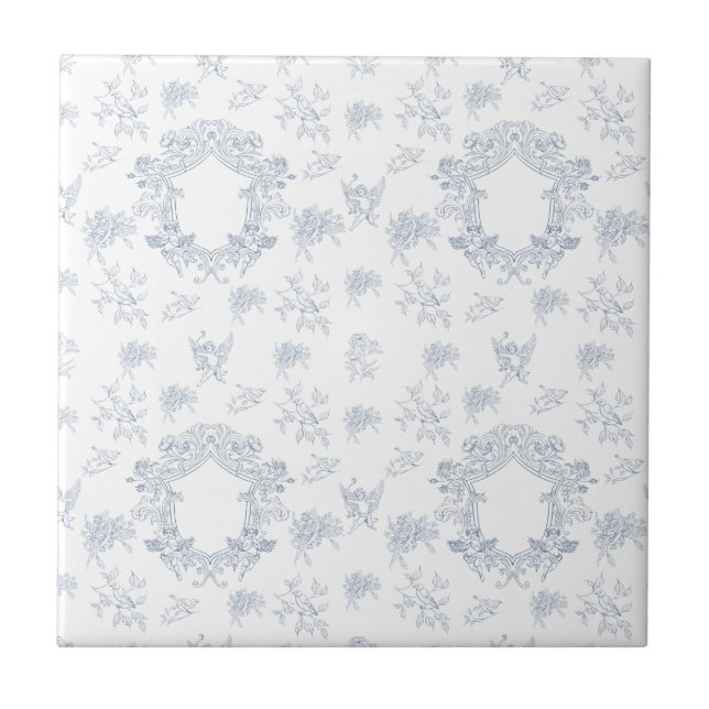Blaue weiße französische Toile-Muster Fliese (Vorderseite)