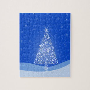 Blaue Weiße Frohe Weihnachtsbaum Sterne Nachtlicht Puzzle