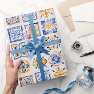 Blaue Weiße Gelbe Fliesen Muster Sommer Ästhetik Geschenkpapier
