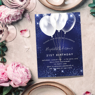 Blaue, weiße Glitzer-Ballons auf der Geburtstagsfe Einladungspostkarte