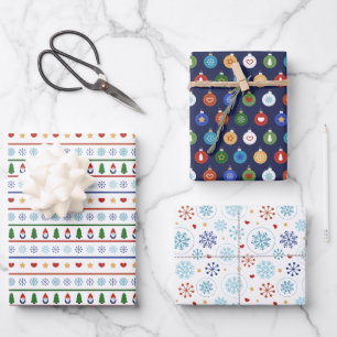 Blaue weiße Gnomaden Herz Schneeflocken Weihnachte Geschenkpapier Set