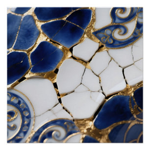 Blaue Weiße Gold Kintsugi Porzellan Mosaik Poster