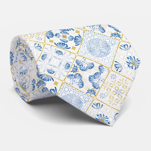 Blaue Weiße Goldene Geometrische Kachel Chinoiseri Krawatte