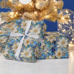 Blaue Weiße Goldene Weihnachtspoinsettien Geschenkpapier
