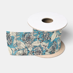 Blaue weiße Grafik Blumen Muster Satinband