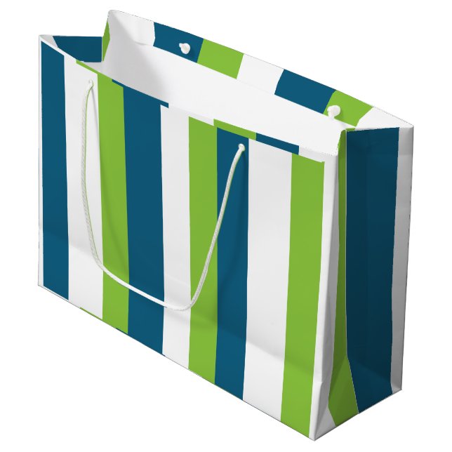 Blaue weiße grüne Streifen Große Geschenktüte (Vorderseite Schrägansicht)