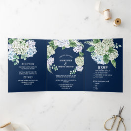 Blaue weiße Hydrangeas auf Hochzeiten der Marine Dreifach Gefaltete Einladung