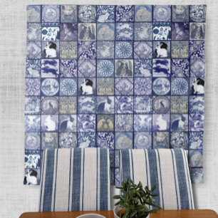Blaue weiße Kaninchen-Vintage-einzigartiges Fliese Wandteppich