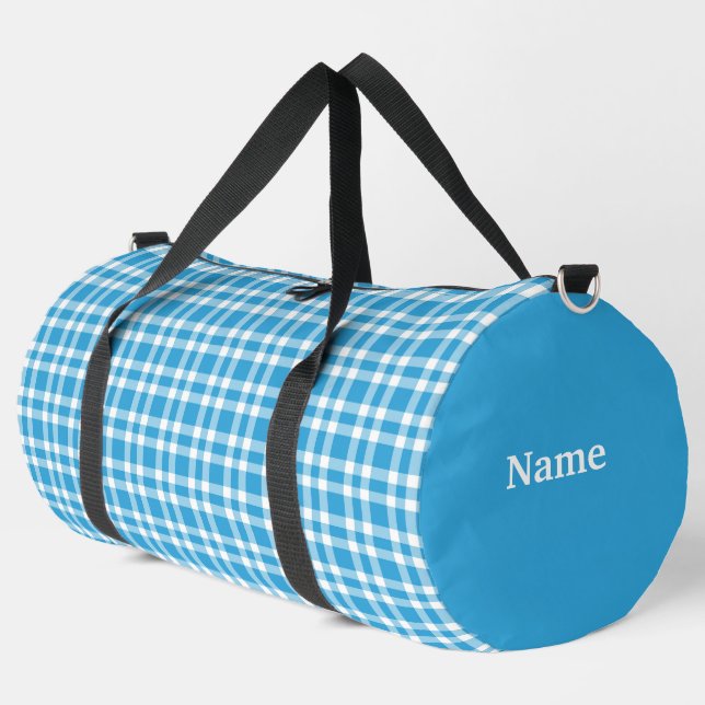 Blaue weiße Karo-Personalisierung Muster groß Duffle Bag (Linke Ecke)