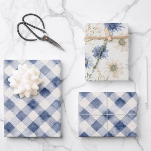 Blaue weiße Karo-Streifen Geburtstag Geschenkpapier Set