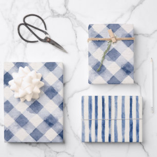 Blaue weiße Karo-Streifen-Junggesellinnenabschied Geschenkpapier Set