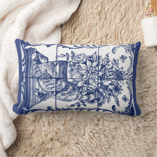 Blaue weiße Katze Antike Blumentropferie Vintage  Lendenkissen