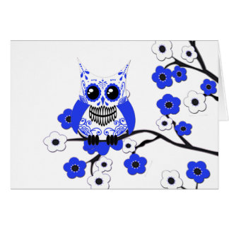 Blaue weiße Kirschblüten-Eulen-Karte