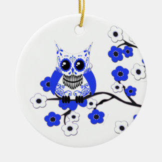 Blaue weiße KirscheBlosssoms Eulen-Verzierung Keramik Ornament