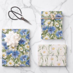 Blaue Weiße Margeriten Blumen Geburtstag Geschenkpapier Set
