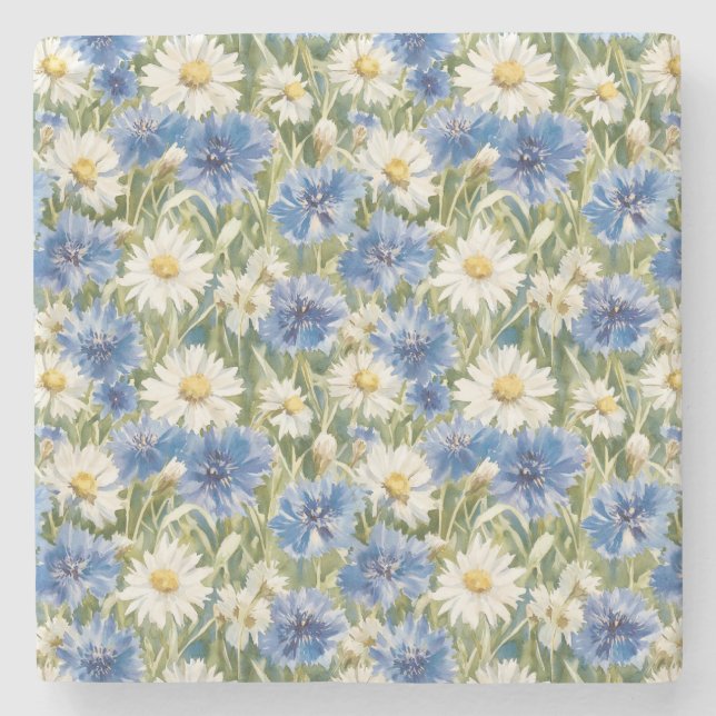Blaue Weiße Margeriten Blumen Steinuntersetzer (Vorderseite)