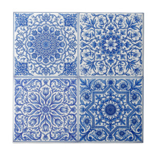 Blaue weiße mediterrane Fliesen botanisches Muster