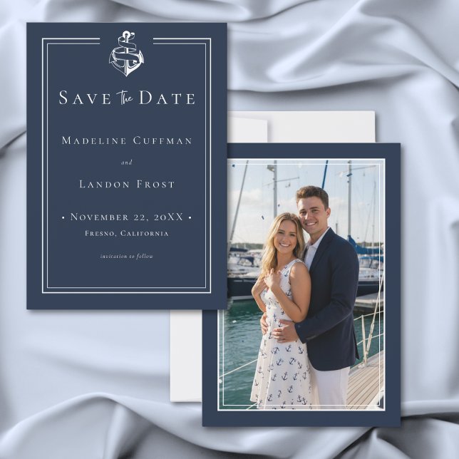 Blaue Weiße Minimale Nautilische Anker Küstenfotog Save The Date (Blue White Minimal Nautical Anchor Coastal Photo Save The Date)