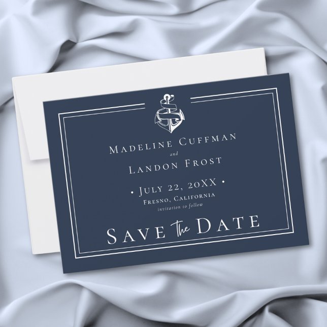Blaue Weiße Minimale Nautilische Anker Küstenhochz Save The Date (Blue White Minimal Nautical Anchor Coastal Wedding Save the Date)