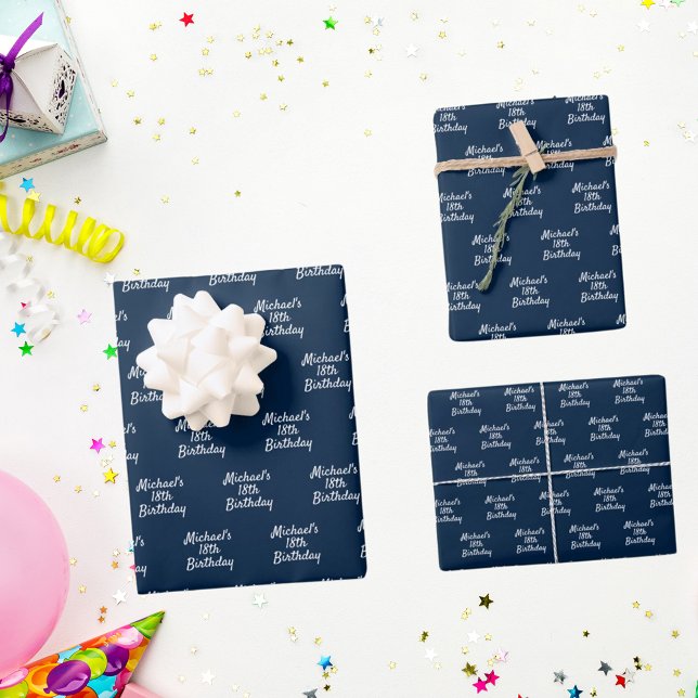 Blaue weiße Namensskripte Geschenkpapier Set (Von Creator hochgeladen)