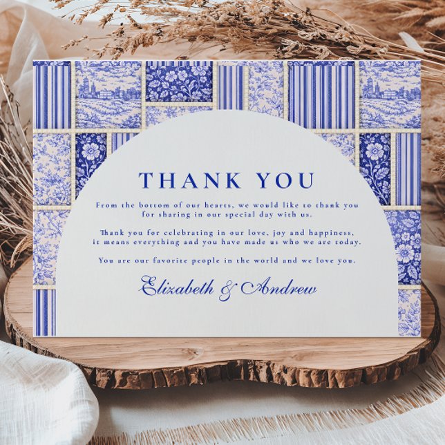 Blaue Weiße Patchwork-Toile-Hochzeit Dankeskarte (Von Creator hochgeladen)