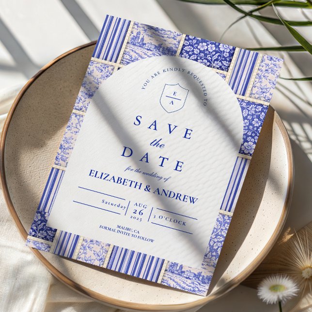 Blaue Weiße Patchwork-Toile-Hochzeit Save The Date (Von Creator hochgeladen)