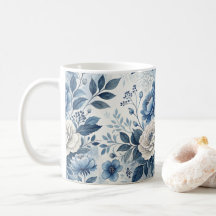 Blaue & Weiße Pfingstrosen-Blumen-Tasse – Elegante