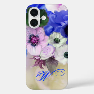 BLAUE WEISSE ROSEN UND ANEMONENBLUMEN MONOGRAMM iPhone 16 HÜLLE