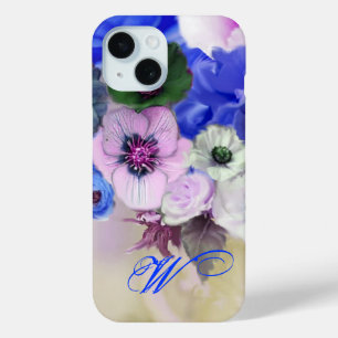 BLAUE WEISSE ROSEN UND ANEMONENBLUMEN MONOGRAMM iPhone 15 HÜLLE