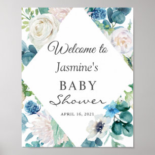 Blaue Weiße Salbei-Grüne Florale Babyparty-Schilde Poster