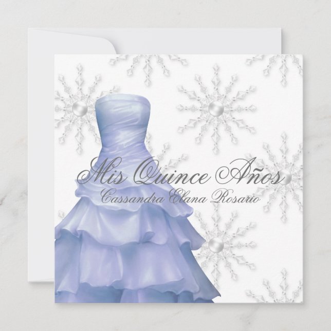 Blaue weiße Schneeflocken Quinceanera Einladung (Vorderseite)
