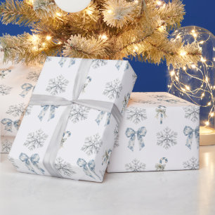 Blaue Weiße Schneeflocken Schleifen Zuckerstangen Geschenkpapier