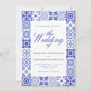 Blaue Weiße Schrift Italienische Fliesen Hochzeit Einladung
