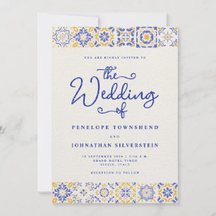 Blaue Weiße Schrift Italienische Fliesen Hochzeit Einladung