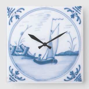 Blaue weiße Segelboot-Vintage-Delfter Kunst Quadratische Wanduhr