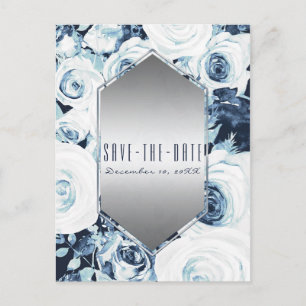 Blaue Weiße Silberne Winterhochzeit Save the Date Ankündigungspostkarte