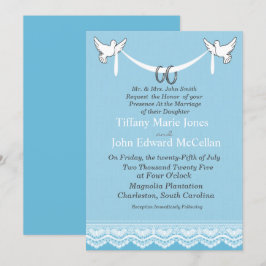 Blaue weiße Spitzen mit Rings Wedding Einladung