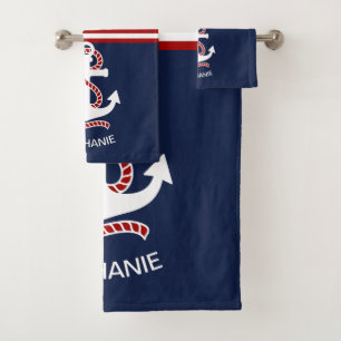 Blaue weiße Streifen der Nautik und weißer Anker Badhandtuch Set